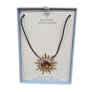 Atterri 🔹️ Gold Sunburst Pendant  Genuine Leather Adjustable Up To 30" Necklace